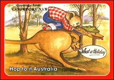 A1467 Humour Hop Into Australia Koala on Kangaroo postcard