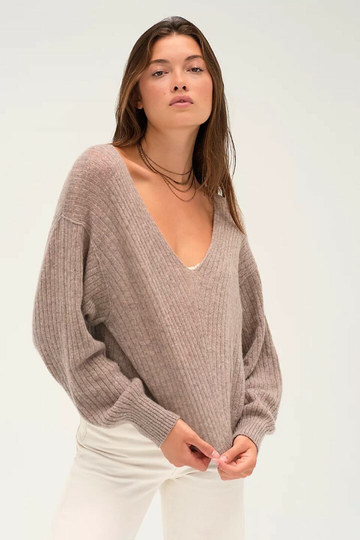 100% Cashmere V Sweater Jumper, Taupe 