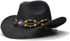 Cowboy & Cowgirl Hat – Wide Brim, Brown Bead Strap – Retro Western Tribal Look