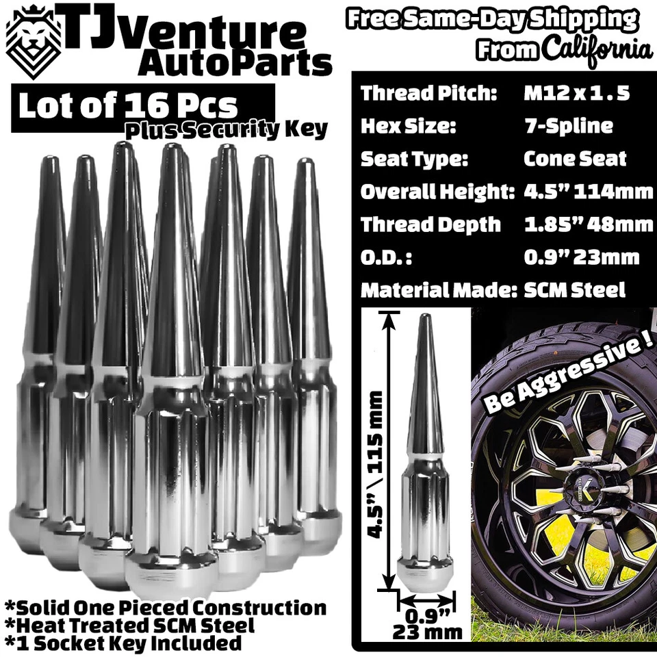 Tuerca de clavo de ranura M12x1,5 cromada de 4,5" de alto 16 piezas + llave de ajuste modelos Acura Honda Foto 2 de 3
