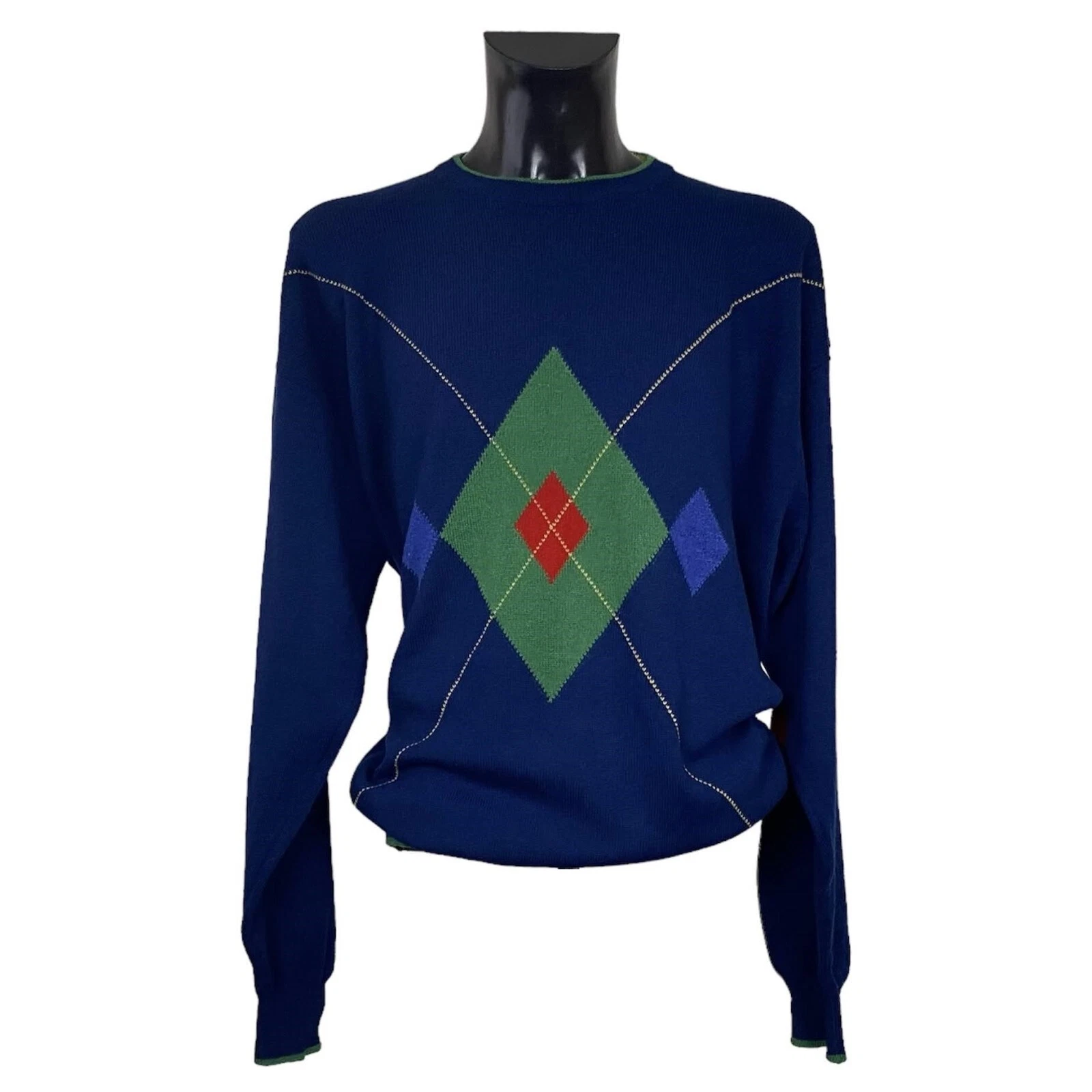 VINTAGE ST MICHAEL WOOLMARK GEOMETRIC PATTERN NAVY SWEATER. SIZE XL. MADE IN UK