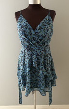 Y2K Trixxi Babydoll Dress Womens L Blue Floral Ruffle Sparkle Fairy Whimsigoth