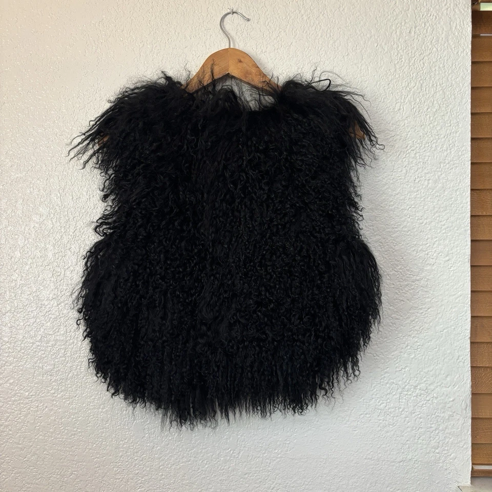 Black Mongolian Lamb Fur Mini Vest XS Gothic Fashion Elegant Coat - Image 3 of 4