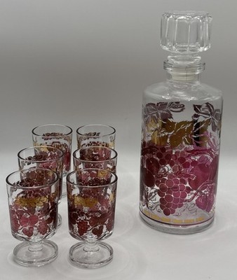 Vintage Luminarc Decanter Service French Design Red & Gold Pattern 6 glasses
