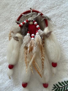 Vintage Native American Indian Dream Catcher Mandella Wool Fur Leather Beads Red