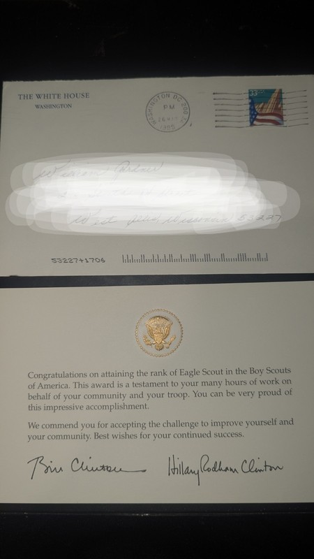 Eagle Scout Card and Envelope from The White House Bill and Hillary Clinton