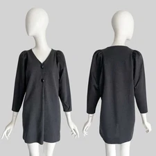 Vintage 1980s GEOFFREY BEENE Black Gray Wool Mini Dress W/ Satin Pouf Sleeves