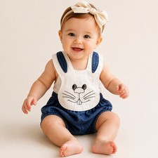 Vintage Baby Bunny Rabbit Denim Romper Bubble 12M Made in USA 100% Cotton