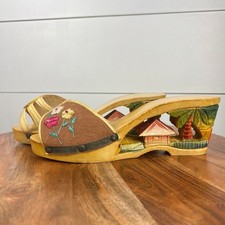 Vintage 1940s WWII Philippines Bakya Hand Carved Painted Wood Sandals Shoes
