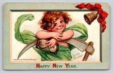 1910 Frances Brundage Happy New Year Postcard Cherub Scythe Hourglass
