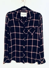 Lola River Anthropologie Top Womens Medium Navy Blue Plaid Flannel Grunge Boho