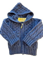 Aran Sweater Market Baby Blue Merino Wool Cable Knit Hooded Full Zip 12-18M