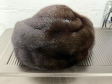 Vintage Brown Real Fur Pillbox Hat Lined Winter Round Hat 9.5  x 8  