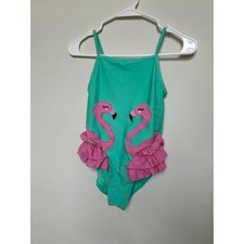 Gymboree Girls Size 10 One Piece Swimsuit Pink Flamingo Ruffle Aqua Bathing Suit