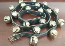 VINTAGE PRIMITIVE HORSE SLEIGH BELLS  ON 70" LEATHER STRAP