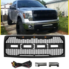 For 2009-2014 F150 F-150 Front Bumper Grille Hood Raptor Style Black with Lights