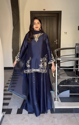Neu Presenting Blau Natur Seide Kurta Palazzo Mit Dupatta für Hochzeit & Party