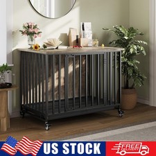 39" Large Dog Crate Kennel Cage End Table Wooden Pet Furniture w/ Tray  Wheels