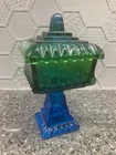 Jeanette Glass Wedding Candy Box with Lid Blue/Green Vintage