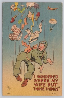 I Wondered Where My Wife Put Those Things . Flying Vintage Linen Humor Postcard