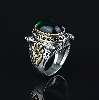925 Silver Emerald Gemstone Men Vintage Green Stone Ring