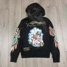 Ed Hardy Y2K Zip Hoodie Dragon Skull Pirate Embossed Bedazzled Satin Lining SM