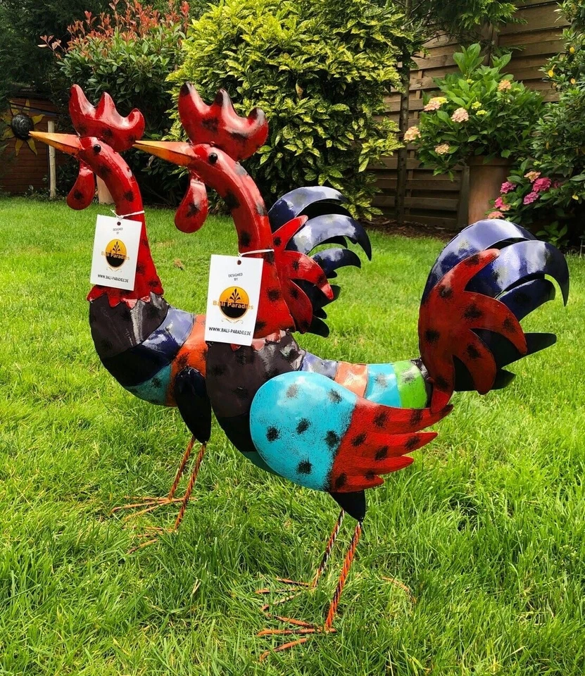 Gartenfiguren große Tiere - Hahn & Huhn bunt handgefertigt Metall Gartendeko - Bild 2 von 4