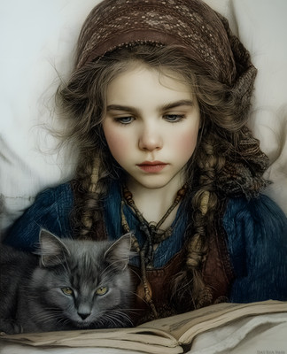 8x10 Cozy Storybook Little Girl with Cat on Her Lap Art Print - 565292330