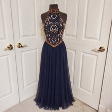Vtg 90s 100 Silk Chiffon Beaded Dress Sequins Halter Gown Navy Blue XS Prom