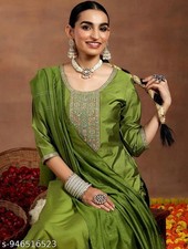Bollywood Indian Green Rayon Slub Embroide Kurta Pant Dupatta Readymade Suit A22