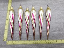 6 W/ Box OWC Old World Christmas Blown Glass Shimmering Icicle Pink Stripe Gold