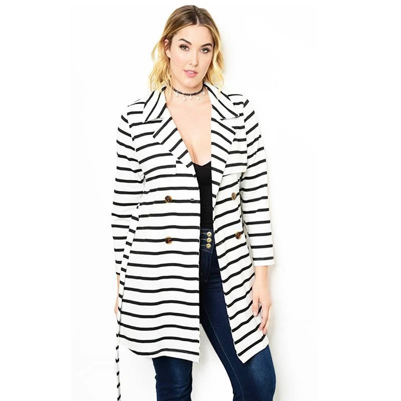 PLUS SIZE Ivory Black Stripe Double Breasted Belted Peacoat Jacket