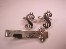 Dollar Sign Money Silver Tone Vintage SWANK Cuff Links Tie Bar Clip
