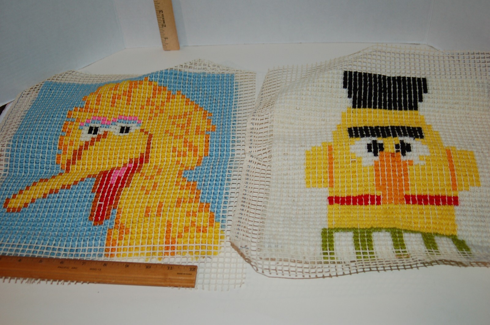 Vintage Sesame Street Completed Rug Latch Hook Pillow top Wall Hanging Big Bird
