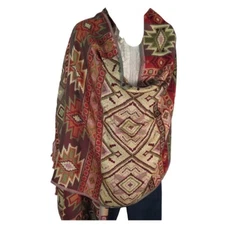 Shawl | Wool + Modal | Geometric Design | Handloomed | Tassels | Green & Sand