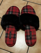 Womens Victoria Secret Slippers Size Large Red Black Plaid Fur Mule Satin Flats
