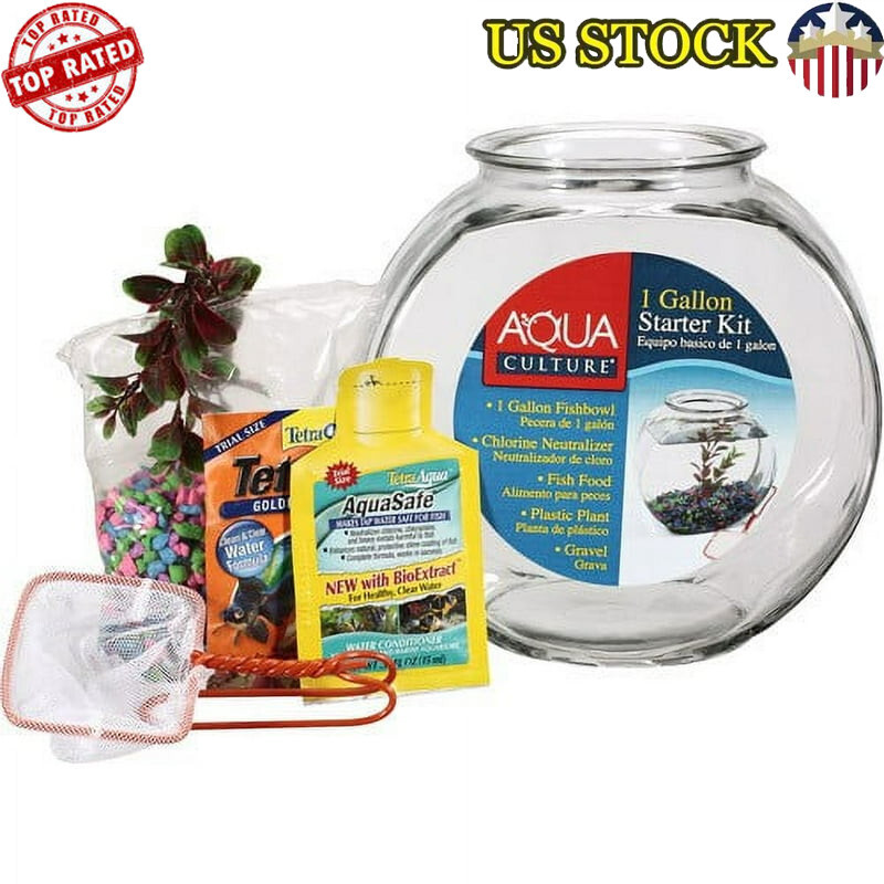 1 Gallon Glass Fish Bowl Starter Kit with Gravel & Plant Food  