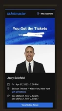 Jerry Seinfeld NY Beacon Theatre Tickets x 2. April 7th 2023. Balcony Row J 