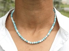 Beaux colliers pour hommes 18'' en perles de guérison rondes larimar bleues 18''