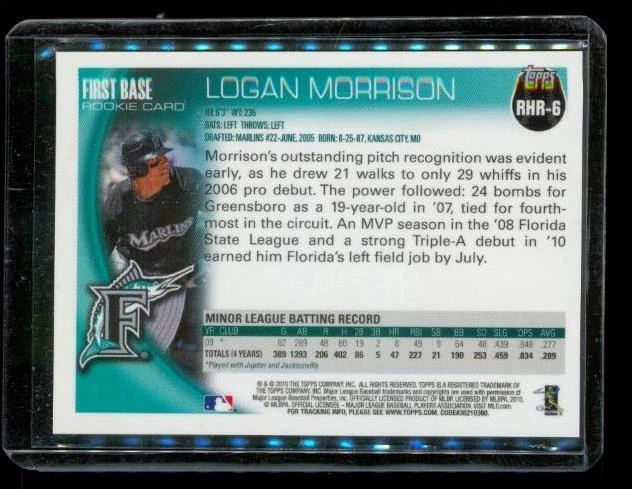 2010 TOPPS ROOKIE Holographic Baseball Card RHR-6 LOGAN MORRISON Florida Marlins - Image 2 of 2