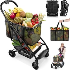 75Lbs Triple Folding Shopping Grocery Cart with Removable Basket & Wheels