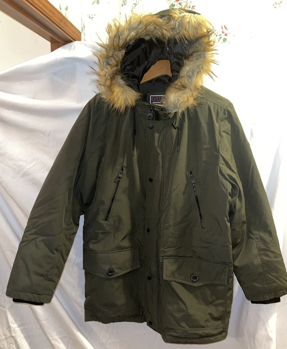 Guess Men's Army Green - Faux-Fur Trim Hooded Snorkel Parka Coat Size M (1  FLAW)