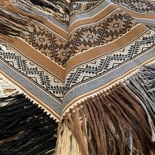 Peruvian Baby Alpaca Poncho Fringe Brown Tan Black Hand Woven ART TO WEAR OS