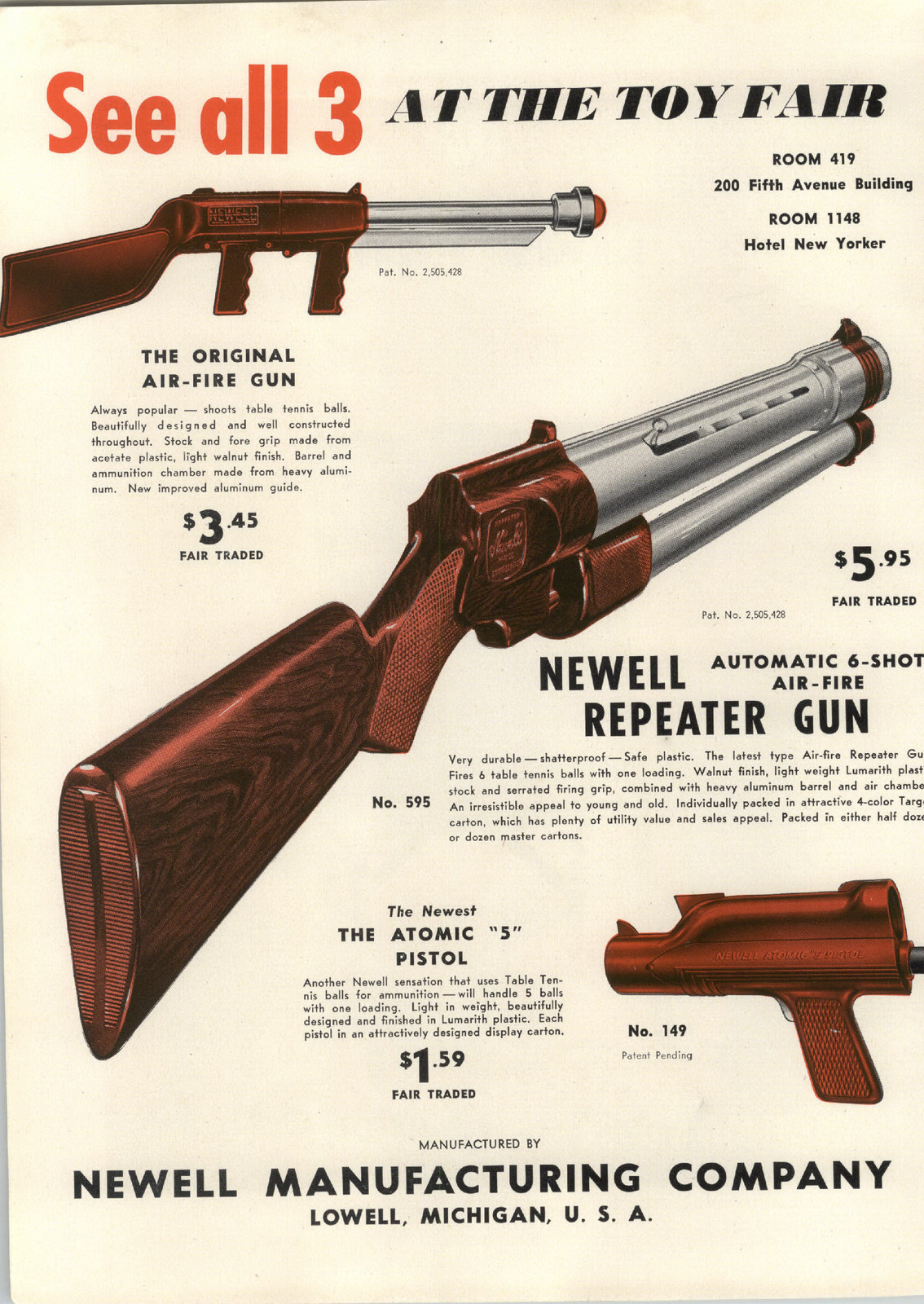 1951 PAPER AD Newell Toy Gun Air Fire Rifle Repeater Guns Atomic Pistol