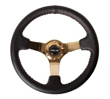 NRG Reinforced Steering Wheel (350mm / 3in. Deep) Blk Leather/Red BBall Stitch
