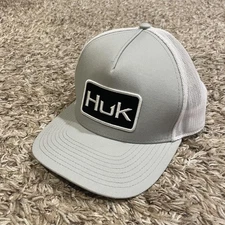 Huk Fishing Hat Snap Back One Size Gray White Mesh Trucker Fishing Logo