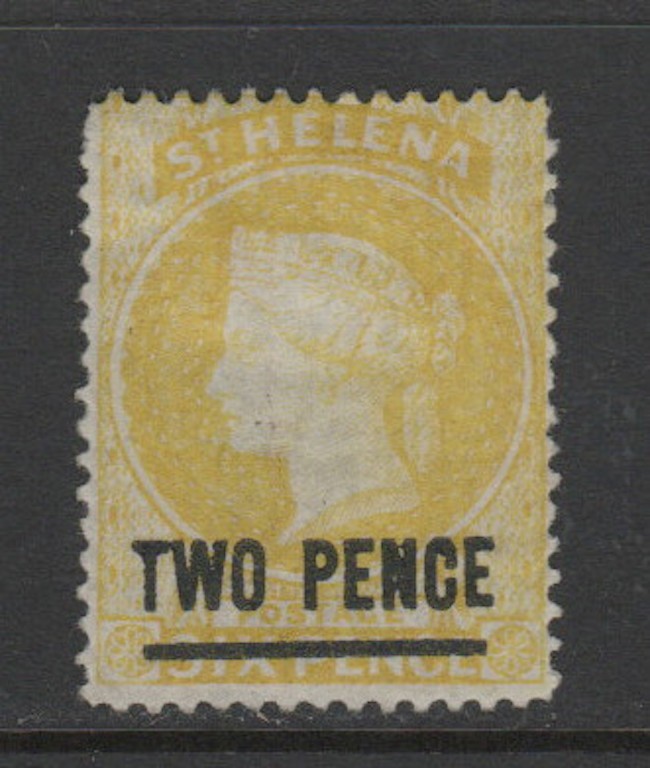 St Helena 1883 2d on 6d Yellow P14 Sc 30 MH F CV $150