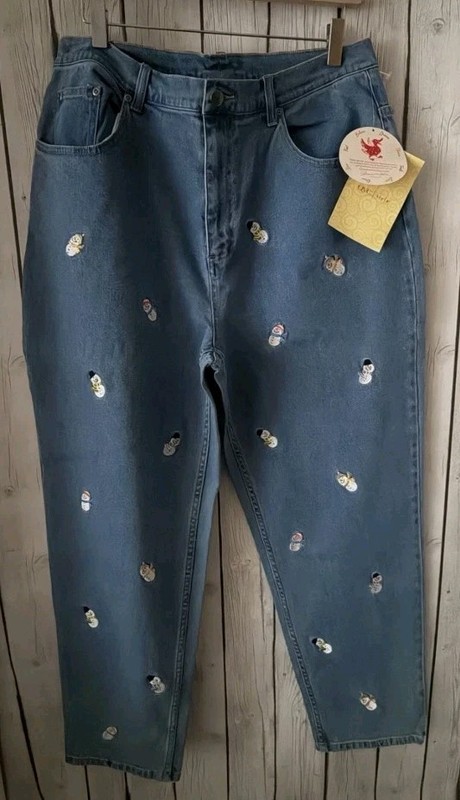 New Quacker Factory Women’s Size 14 Blue Jeans With Snowmen Embroidered Vintage 