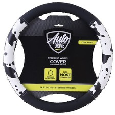 Universal Faux Leather Steering Wheel Cover Black White Cow Print for Sedan SUV