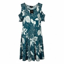 Lexington Avenue Size M Cold Shoulder Dress Tropical Pattern On Teal Background